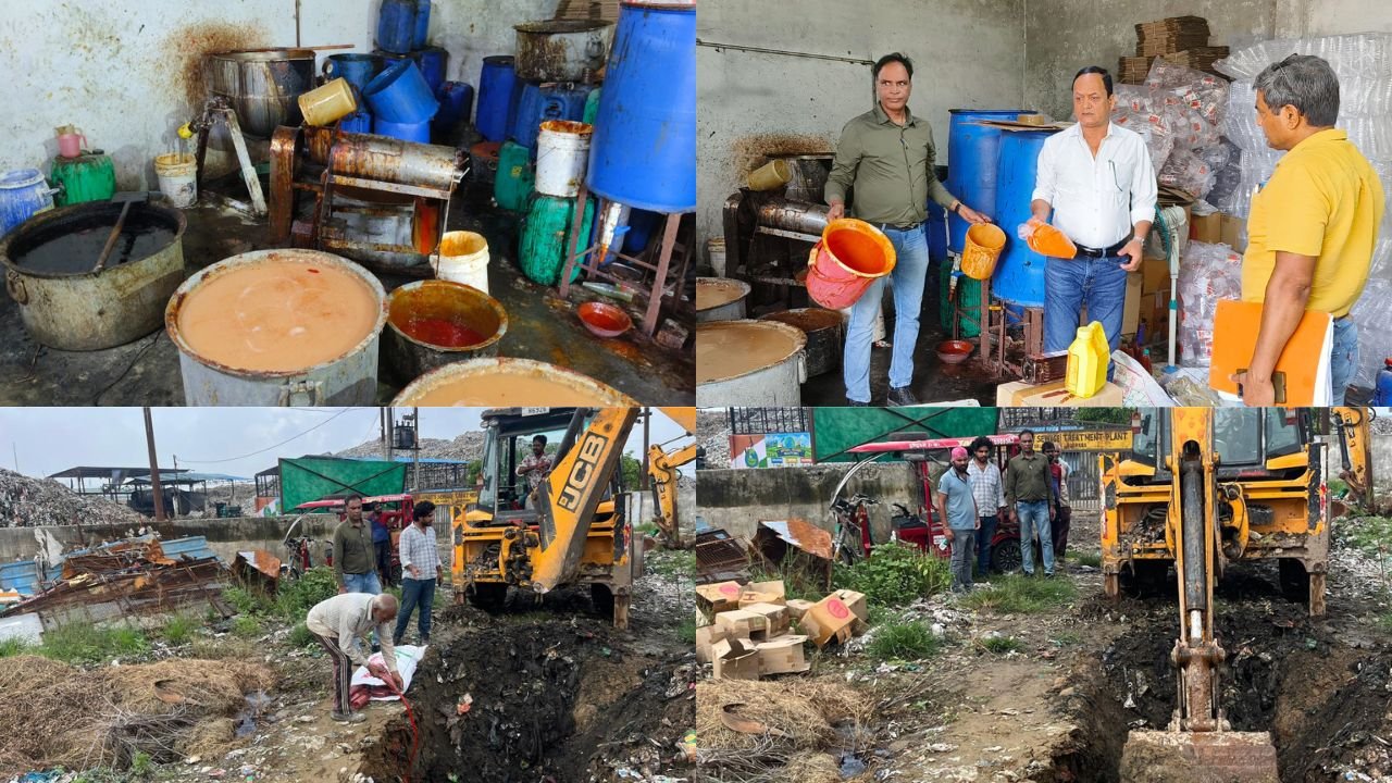 रुड़की में खाद्य सुरक्षा विभाग द्वारा सॉस निर्माण इकाई पर छापेमारी के दौरान सीज की गई बिना लेबल सॉस की बोतलें और निरीक्षण करती टीम