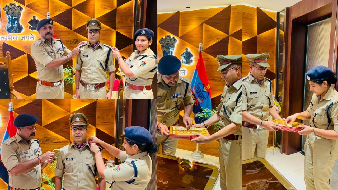 हरिद्वार पुलिस में निरीक्षक पद पर पदोन्नत हरीश अधिकारी को एसएसपी नवनीत सिंह द्वारा स्टार पहनाते हुए"