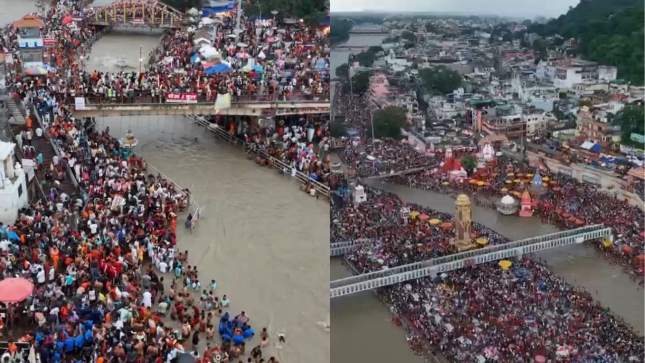 हरिद्वार में कांवड़ यात्रा के अंतिम चरण के दौरान गंगाजल लेकर अपने गंतव्य की ओर रवाना होते शिवभक्त।