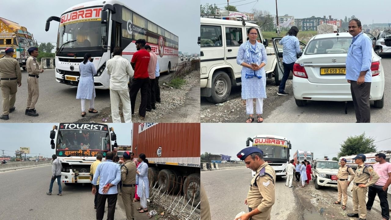 हरिद्वार में लक्जरी और स्लीपर बसों के खिलाफ विशेष चेकिंग अभियान के दौरान परिवहन विभाग की कार्रवाई।