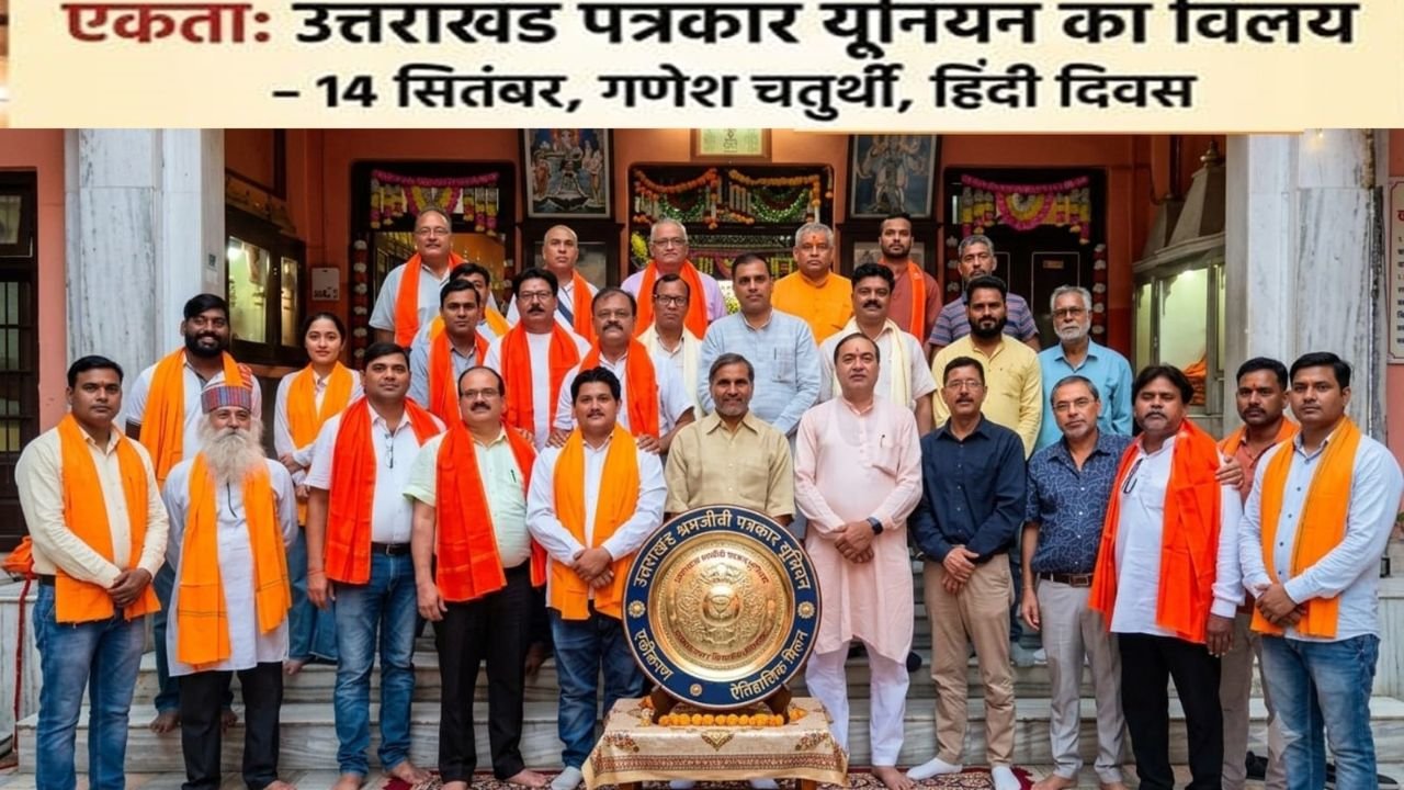 हरिद्वार के कनखल में पत्रकार संगठनों के विलय कार्यक्रम में मौजूद पत्रकार और पदाधिकारी