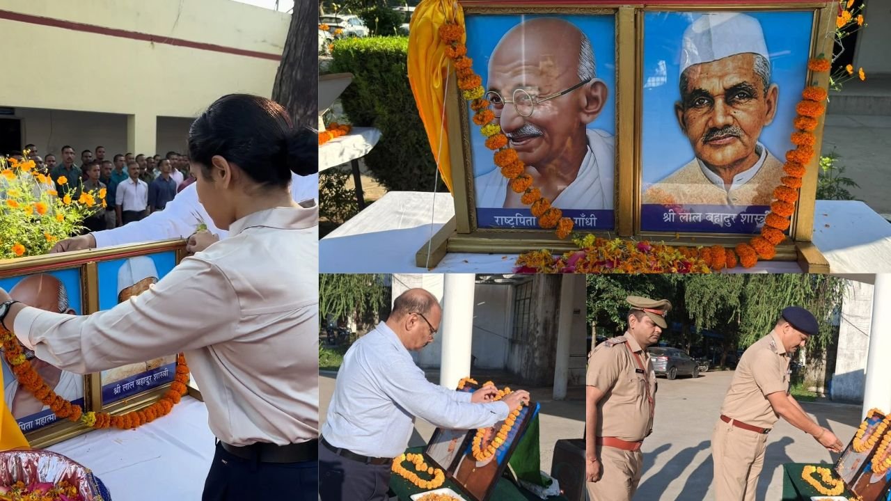 गांधी और शास्त्री जयंती पर पुलिस लाइन रोशनाबाद में श्रद्धांजलि देते हरिद्वार पुलिस अधिकारी