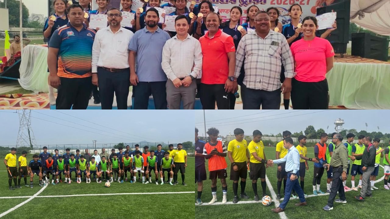 हरिद्वार में खेल महाकुम्भ 2026 राज्य स्तरीय फुटबॉल प्रतियोगिता में मुकाबला खेलते खिलाड़ी